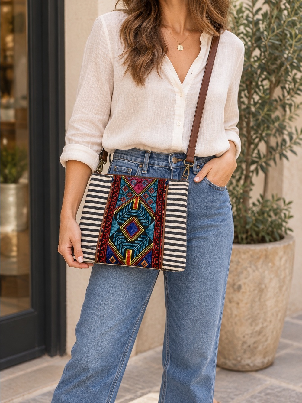 Boho Striped & Embroidered Crossbody Bag in Black and Multicolor